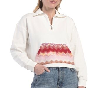 M by Missoni Cream Quarter-Zip Sweatshirt with Red and Pink Chevron Panel